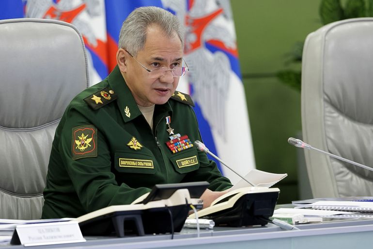 Russian Defense Minister Sergei Shoigu speaks during a meeting in Moscow