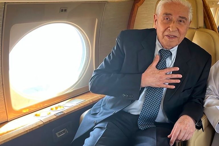 Baquer Namazi is seen on board of the plane that took him to Oman.