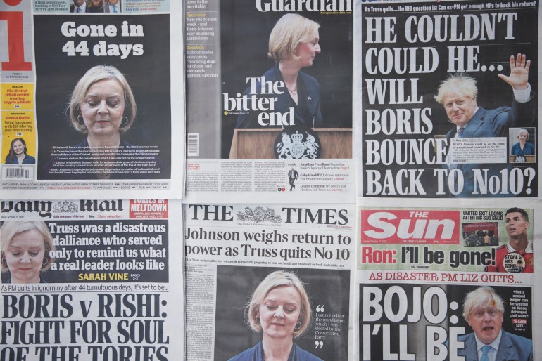 A selection of the front pages of British national newspapers showing the reaction the the resignation of Prime Minister Liz Truss