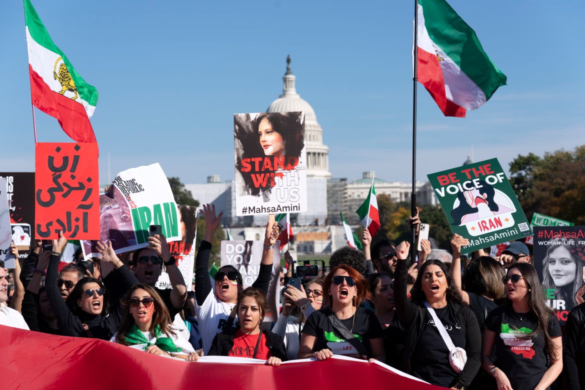 Demonstrators rally at the National Mall to protest against the Iranian regime, in Washington.