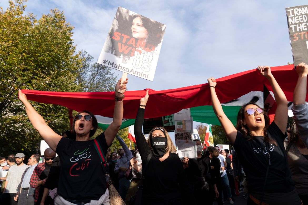 Demonstrators chant as they protest against the Iranian regime, in Washington.