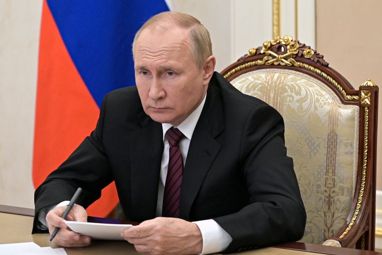 Russian President Vladimir Putin leads a meeting via videoconference in Moscow, Russia, Tuesday, Oct. 25, 2022. (Alexei Babushkin, Sputnik, Kremlin Pool Photo via AP)
