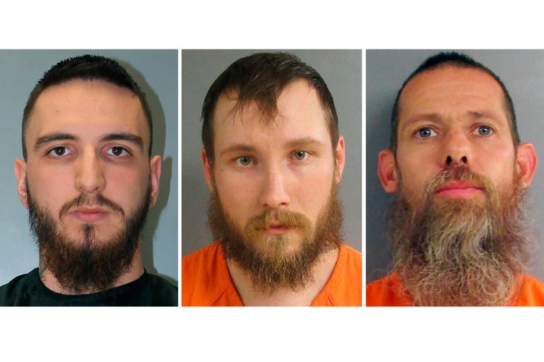 The three men convicted on October 26 for their role in the plot to kidnap Governor Gretchen Whitmer have drawn attention to the rise of paramilitary threats in the US [File: Alvin S Glenn Detention Center and Jackson County Sheriff's Office via AP Photo]