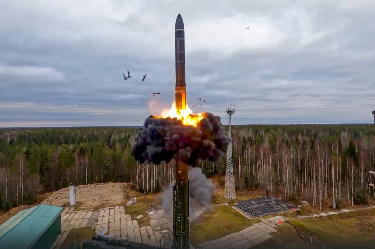 In this handout photo taken from video released by Russian Defense Ministry Press Service on Wednesday, Oct. 26, 2022, a Yars intercontinental ballistic missile is test-fired as part of Russia's nuclear drills from a launch site in Plesetsk, northwestern Russia. Russian President Vladimir Putin has monitored drills of the country's strategic nuclear forces involving multiple practice launches of ballistic and cruise missiles. The Kremlin said in a statement that all the test-fired missiles reached their designated targets. (Russian Defense Ministry Press Service via AP)