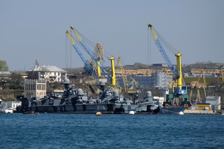 Russian Black Sea fleet ships are anchored in one of the bays of Sevastopol, Crimea