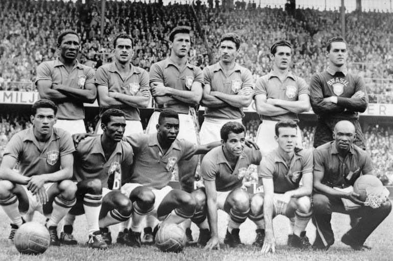 Brazil's national soccer team poses before the World Cup final against Sweden in Stockholm, June 29, 1958.