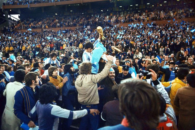 Argentina soccer team players celebrate after winning the World Cup in Buenos Aires, Argentina, on June 25, 1978