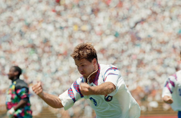 Russian Oleg Salenko clenches his fist after scoring his second goal during the Group B World Cup first round match against Cameroon at Stanford Stadium, Stanford, Calif., on Tuesday, June 28, 1994