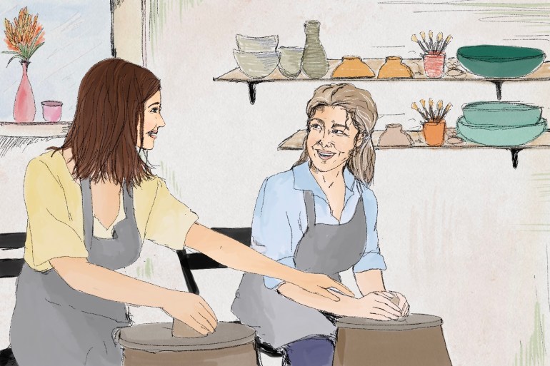 A drawing of a young woman and an older woman in a pottery studio