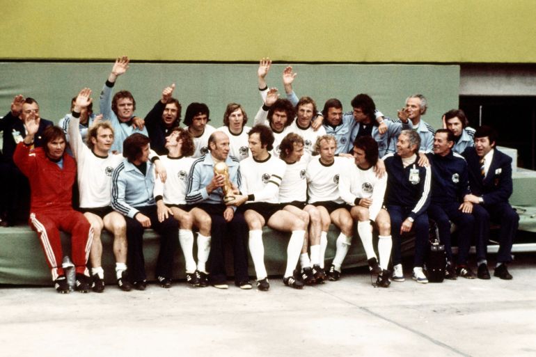 The West Germany squad celebrate after their 2-1 victory over Holland in the 1974 FIFA World Cup Final at the Olympic Stadium on July 7, 1974 in Munich