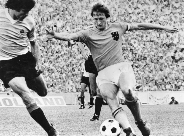 19th July 1974: Johan Cruyff, Dutch footballer, in action against Uruguay. (Photo by Keystone/Getty Images)