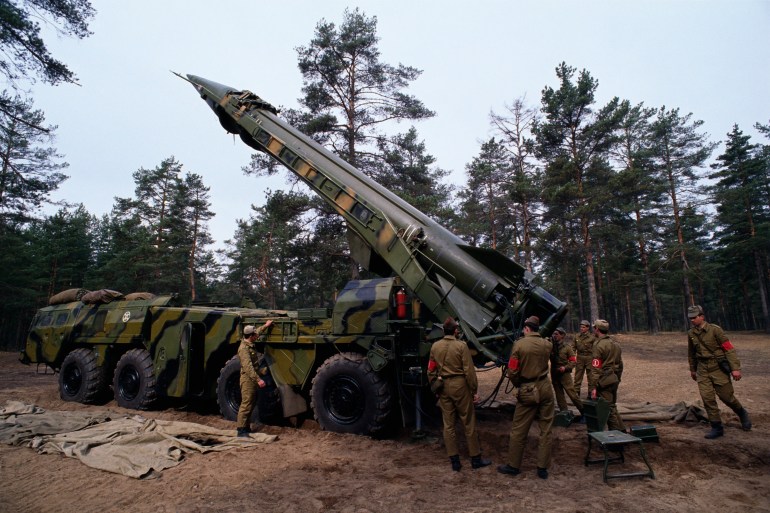 Tactical missile crew on exercise with an R-300 scud class mobile rocket, 120km south of Leningrad.
