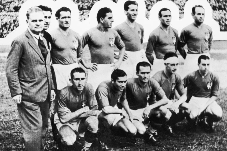 The Italian football team with their coach Vittorio Pozzo before the World Cup final against Czechoslovakia in Rome, June 10, 1934.
