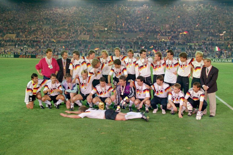 The West Germany team celebrate after the 1990 FIFA World Cup Final between West Germany and Argentina at Olympic Stadium on July 8, 1990 in Rome, Italy