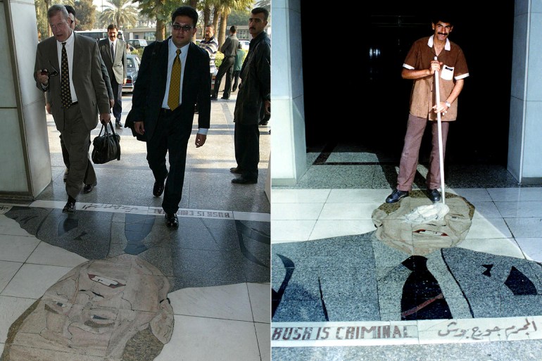 On the left, a photo of people walking over a mosaic of former US president George Bush while walking into a building, on the right, a photo of a cleaner cleaning the George Bush mosaic.