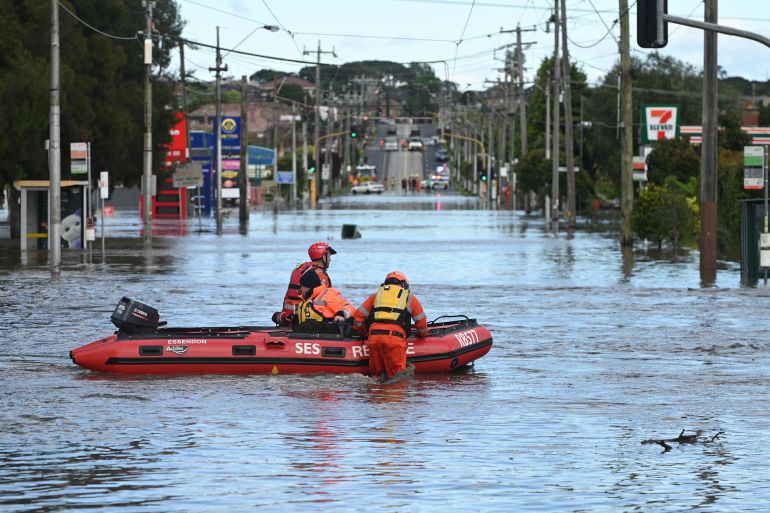 A rescue boat on a flooded main street in Melbourne's Maribyrnong suburb, Australia.