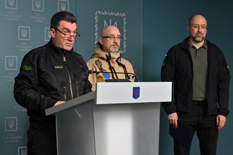 Secretary of the National security and defence council of Ukraine Oleksiy Danilov, Ukrainian Minister of Defence Oleksii Reznikov and the Ukrainian Prime Minister Denys Shmyhal hold a press conference in Kyiv on November 7, 2022.