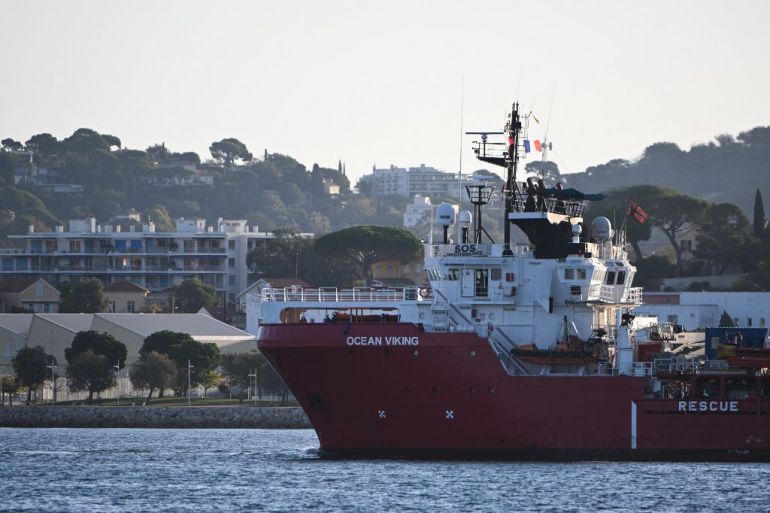The Ocean Viking rescue ship of European maritime-humanitarian organisation "SOS Mediterranee" escorted by a military boat arrives at Toulon
