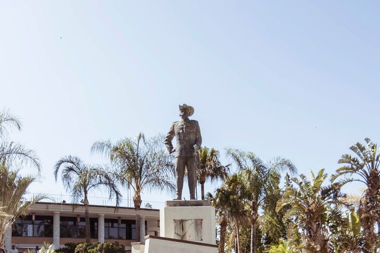 A general view of the statue of German colonial leader Curt von Francois with palm trees on either side