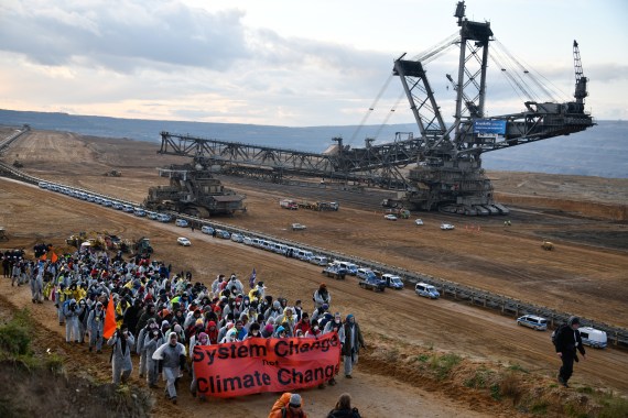Environmentalists demonstrate at the Hambach lignite open pit mine near Elsdorf, western Germany