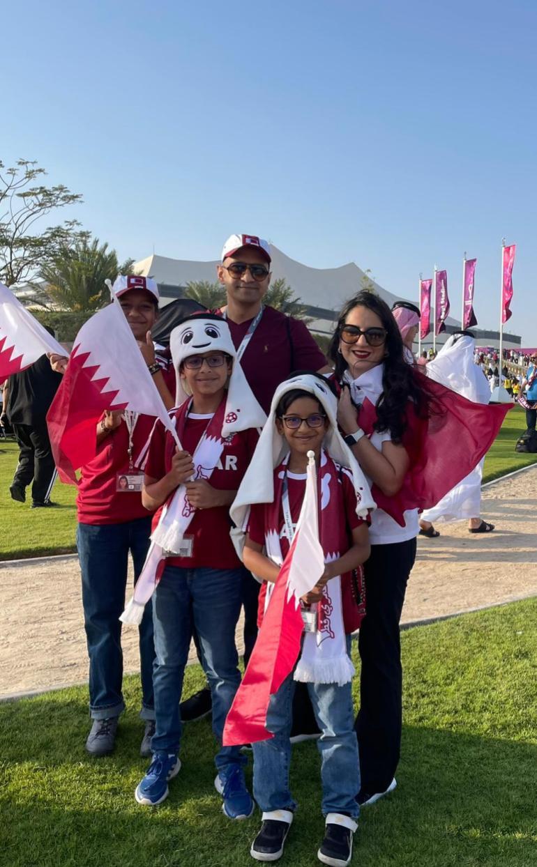 Shehar Bano Rizvi and her family outside the Al Bayt Stadium in Al Khor before the opening game of the 2022 FIFA World Cup