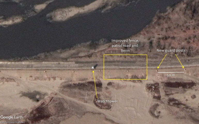 Satellite image showing the Watchtower, the improved fence, the patrol road and the new guard post