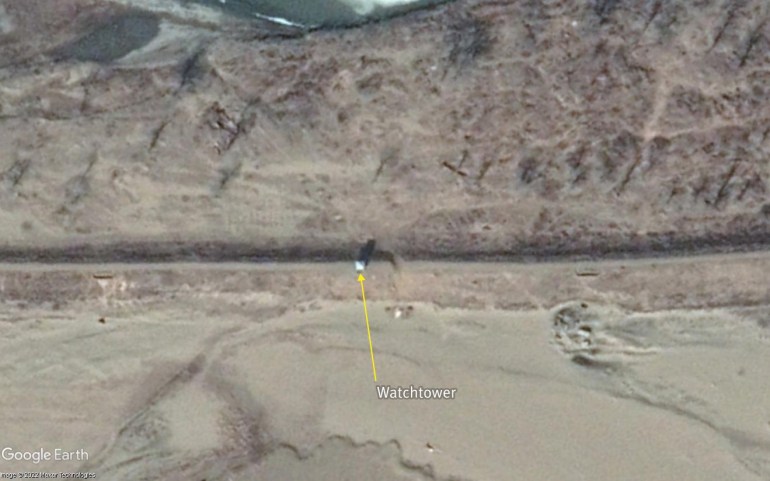 A satellite image showing a watchtower