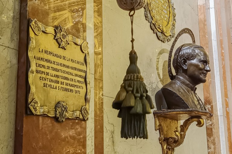 View of the commemorative plaque at the chapel inside of La Macarena Basilica in Seville, where the remains of General Gonzalo Queipo, his wife and General Francisco Bohorquez Vecina were buried