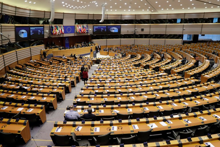 The hemicycle during a debate at a mini plenary session of the European Parliament in Brussels, Belgium
