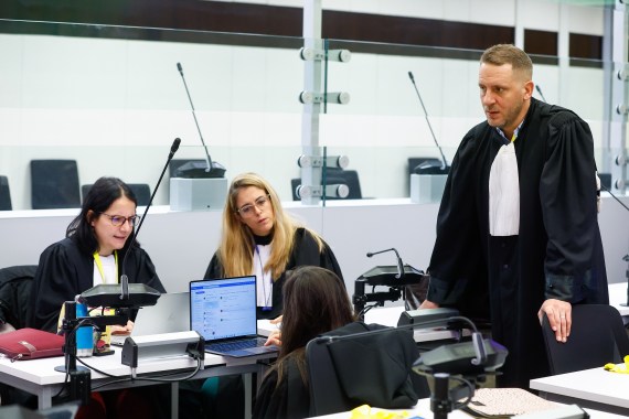 (Left to right) Salah Abdeslam's Lawyer Delphine Paci, Defense lawyer Virginie Taelnan and Stanislas Eskenazi, lawyer of Mohamed Abrini in the courtroom