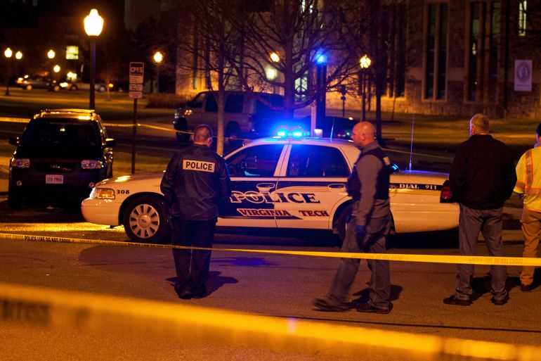 Police officers at the site of a Virginia Tech shooting