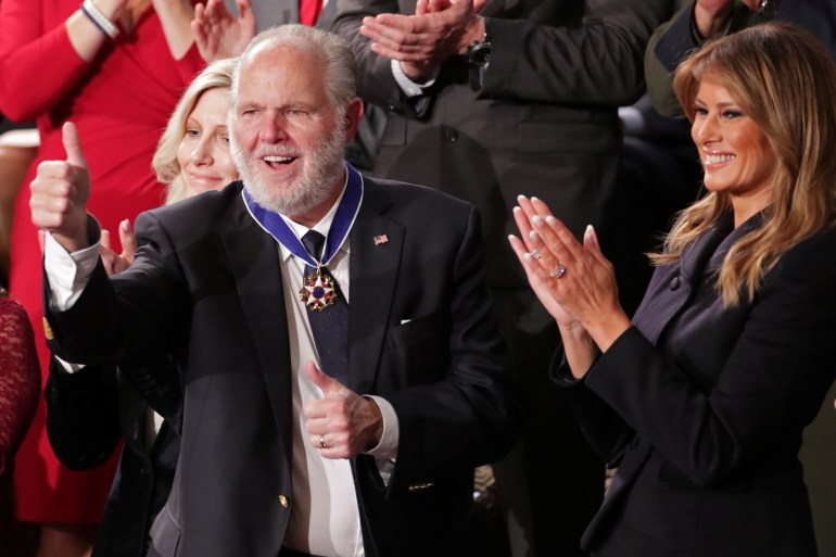 Conservative radio talk show host Rush Limbaugh reacts as he is awarded the Presidential Medal of Freedom by U.S. First Lady Melania Trump during U.S. President Donald Trump's State of the Union address to a joint session of the U.S. Congress in the House Chamber of the U.S. Capitol in Washington, U.S. February 4, 2020.