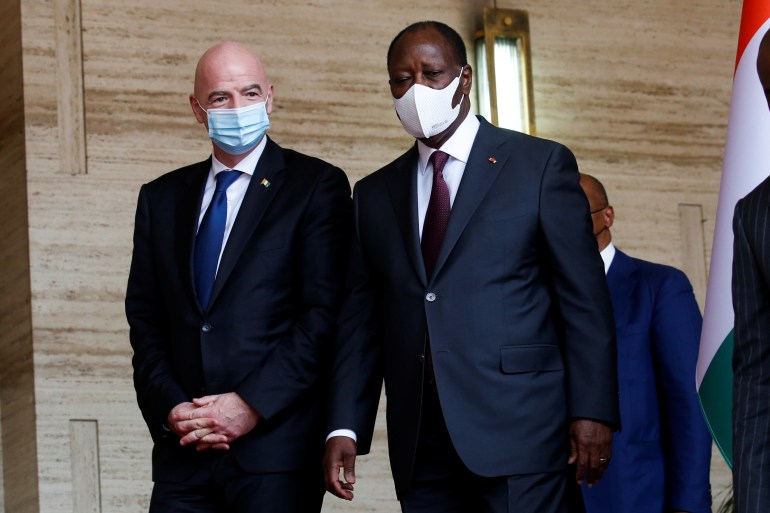 FIFA president Gianni Infantino and Ivory Coast's president Alassane Ouattara in Abidjan in May, 2021