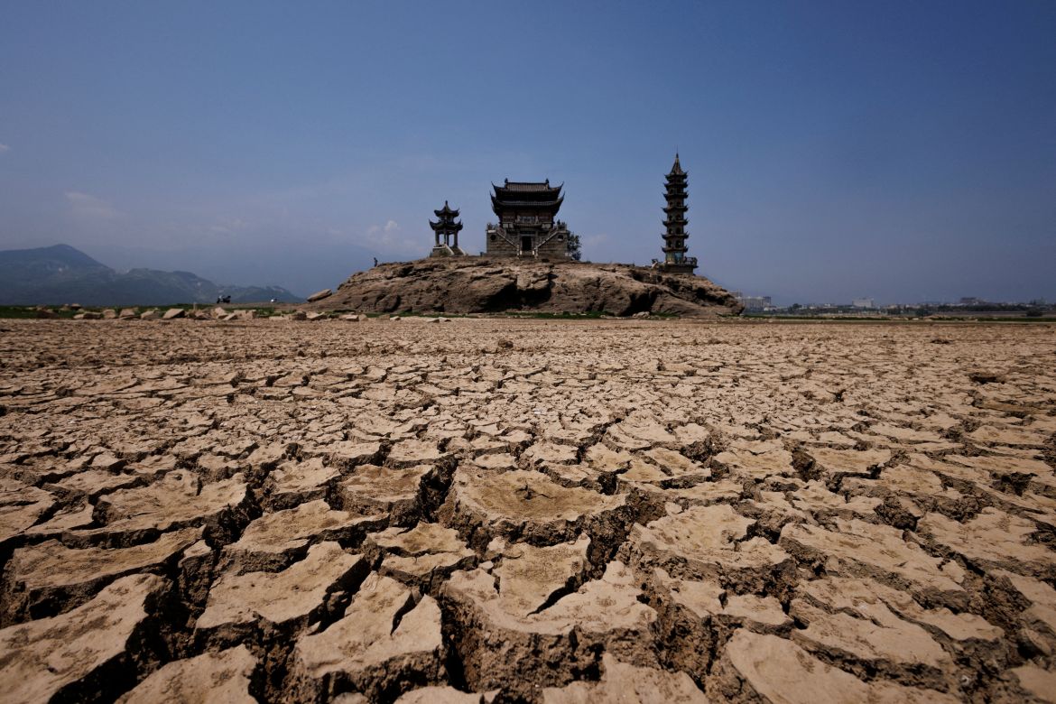 A view of pagodas on Louxingdun island during a drought.