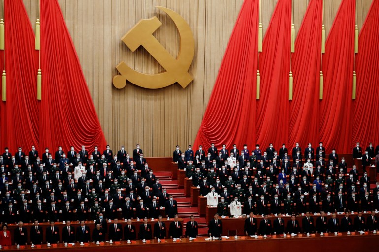 Chinese President Xi Jinping and other officials attend the closing ceremony of the 20th National Congress of the Communist Party of China, at the Great Hall of the People in Beijing, China October 22, 2022.