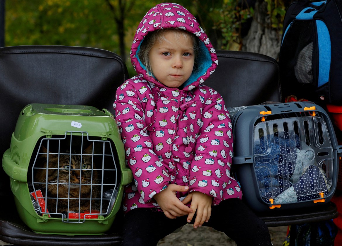 A girl sits between pet carriers as civilians evacuated from the Russian-controlled city of Kherson