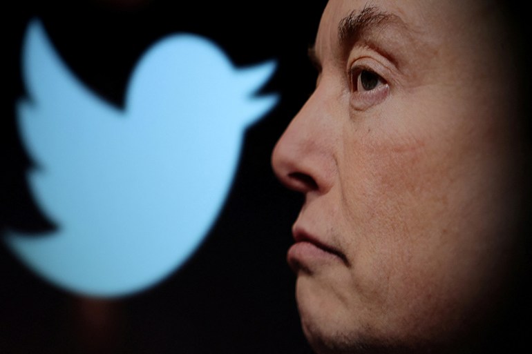 Profile of Musk with lips turned down, against a black background with a blue Twitter symbol on it.