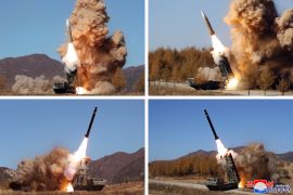 Composite photos show four missiles taking off from ground-based launchers against a blue sky