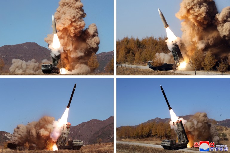 Composite photos show four missiles taking off from ground-based launchers against a blue sky.