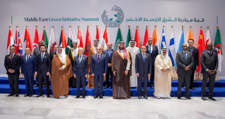 Leaders pose for a family photo the second edition of the summit of the Green Middle East Initiative, held on the sidelines of the COP27 climate conference, at Sharm el-Sheikh, in Egypt, November 7, 2022