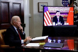 US President Joe Biden speaks virtually with Chinese leader Xi Jinping from the White House in November, 2021. The two leaders are scheduled to meet in person at the G20 meeting in Bali, Indonesia, next week [File: Jonathan Ernst/Reuters]