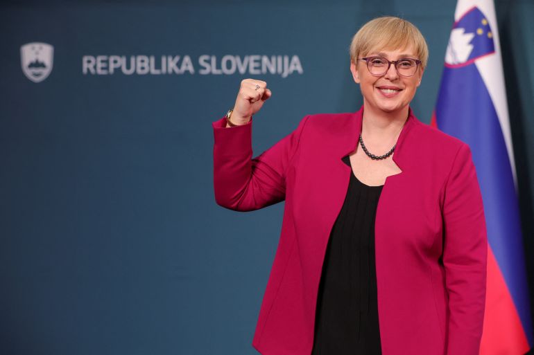 Slovenian President-elect Natasa Pirc Musar gestures following her second-round win of the presidential elections in Ljubljana