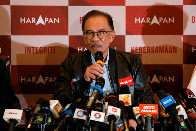 Malaysian opposition leader Anwar Ibrahim holds a press conference.