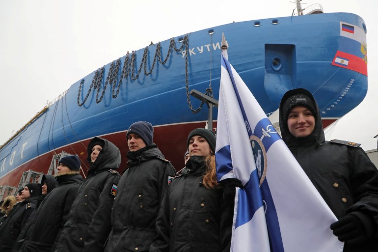 Cadets take part in the launch ceremony of the nuclear-powered icebreaker "Yakutia" at the Baltic Shipyard in Saint Petersburg, Russia November 22, 2022. REUTERS/Igor Russak