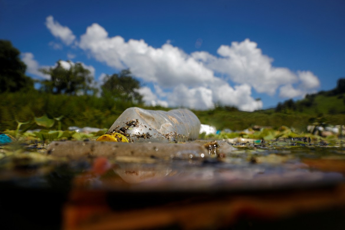 A plastic bottle floats on the water of the El Cerron Grande