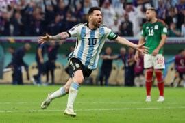 Argentina&#39;s Lionel Messi celebrates scoring their first goal [Pedro Nunes/Reuters]