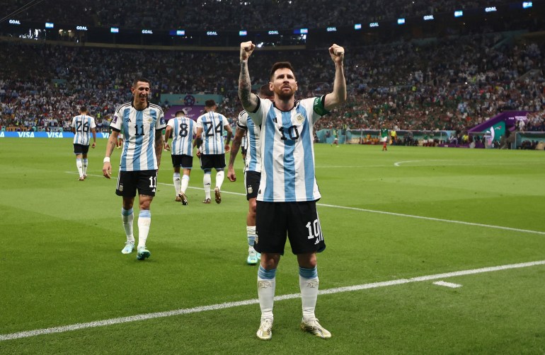 Argentina's Lionel Messi celebrates scoring their first goal.