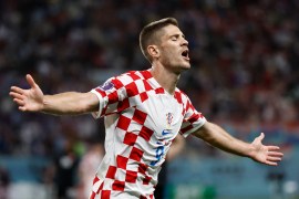 Croatia&#39;s Andrej Kramaric celebrates scoring their first goal [Hamad I Mohammed/Reuters]