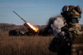 Ukrainian servicemen fire with a Bureviy multiple-launch rocket system at a position in the Donetsk region [Radio Free Europe/Radio Liberty/Serhii Nuzhnenko via Reuters]