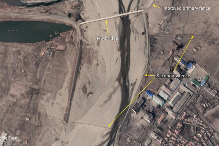 Satellite image showing a new bridge, and improved and new fencing